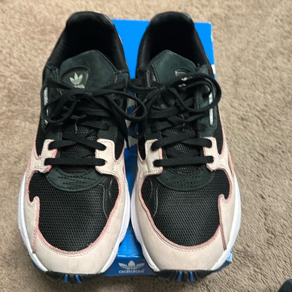 Ladies Adidas Falcon tennis shoes gently used pink/blk/white size 6.5